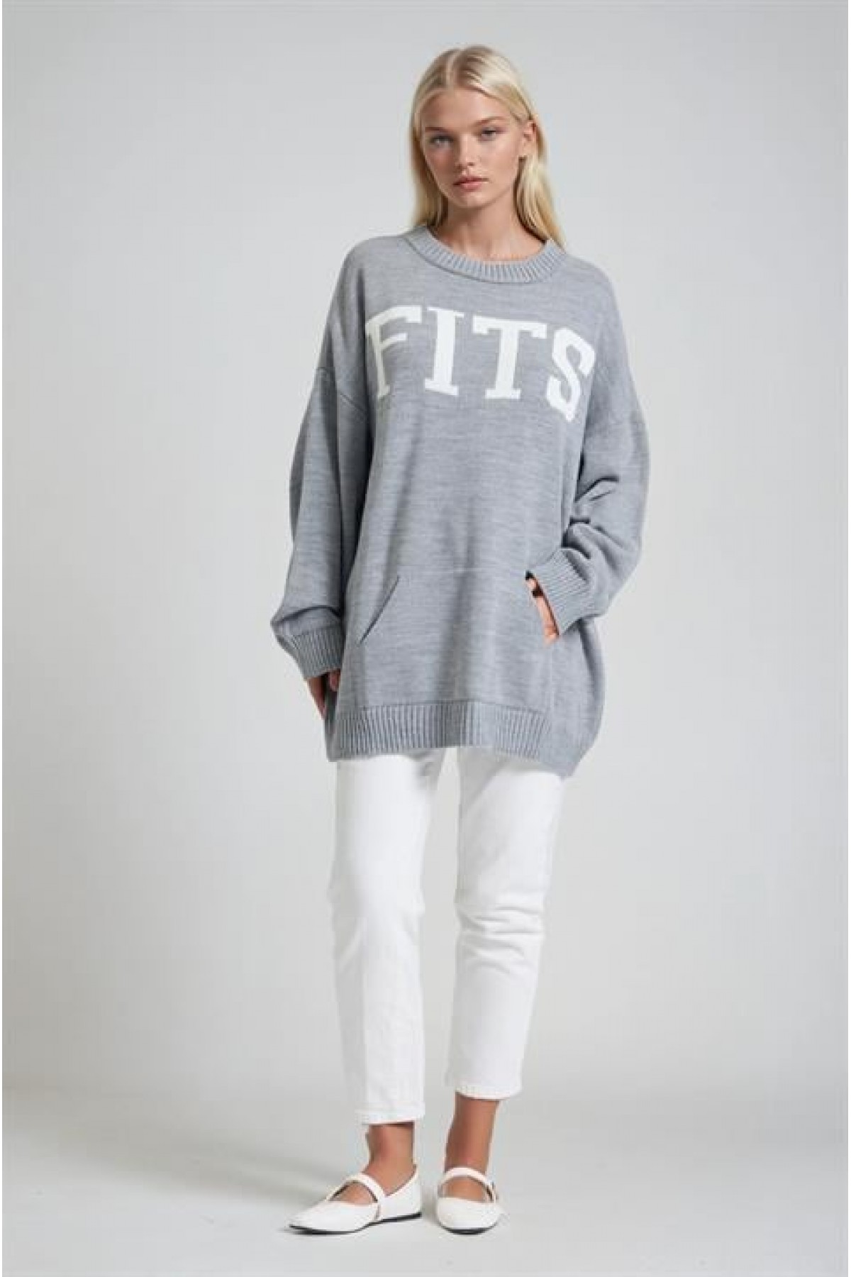 Oversize Rahat Kalıp Yazılı Triko Kazak 1418