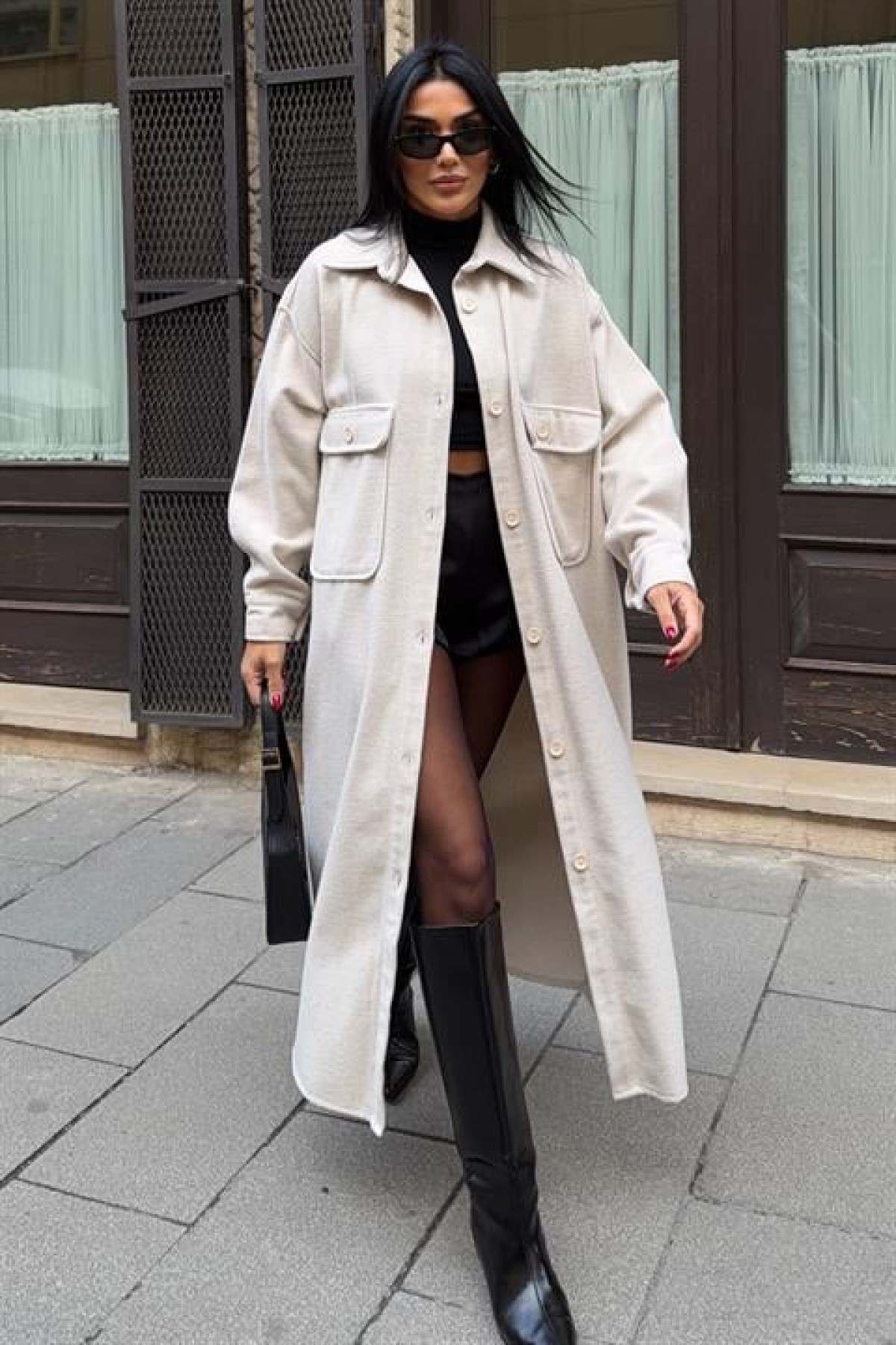 Oversize Cepli Düğmeli Uzun Kaşe Kaban 7131