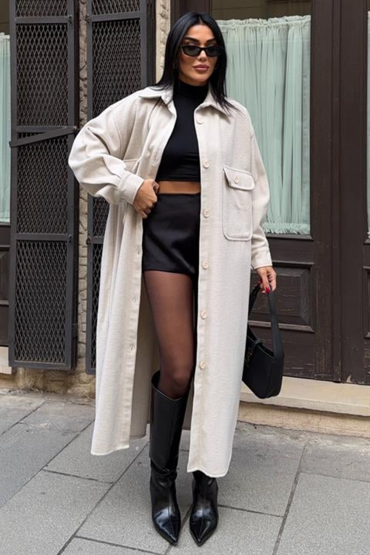 Oversize Cepli Düğmeli Uzun Kaşe Kaban 7131