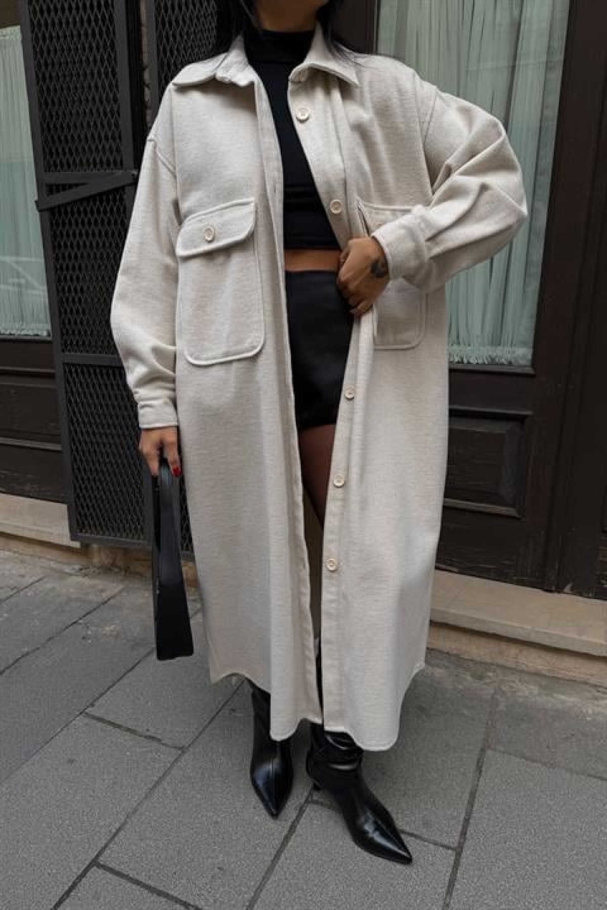 Oversize Cepli Düğmeli Uzun Kaşe Kaban 7131