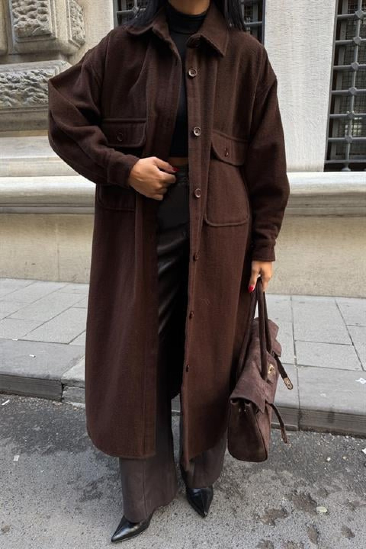 Oversize Cepli Düğmeli Uzun Kaşe Kaban 7131
