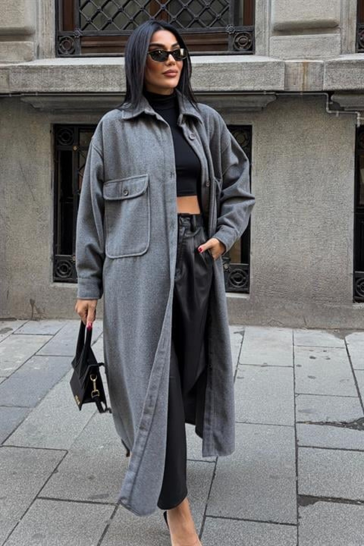 Oversize Cepli Düğmeli Uzun Kaşe Kaban 7131
