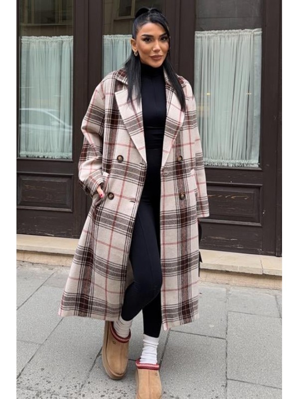 Çift Düğme Kapamalı Ekose Desenli Kaşe Kaban 7141