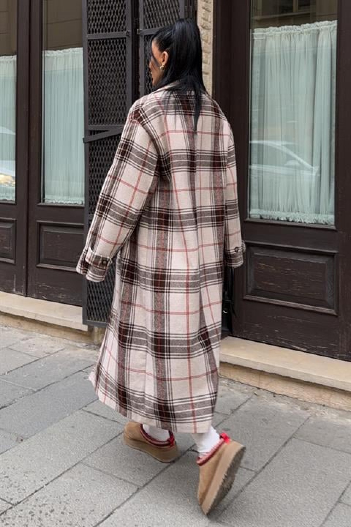 Çift Düğme Kapamalı Ekose Desenli Kaşe Kaban 7141