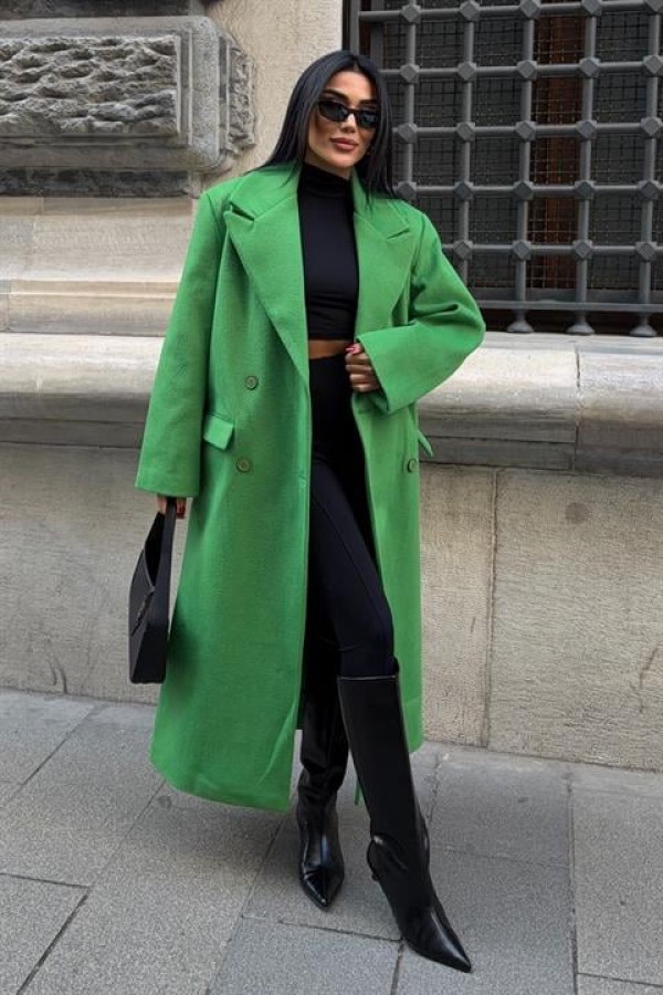 Oversize Kruvaze Uzun Kaşe Kaban 7130