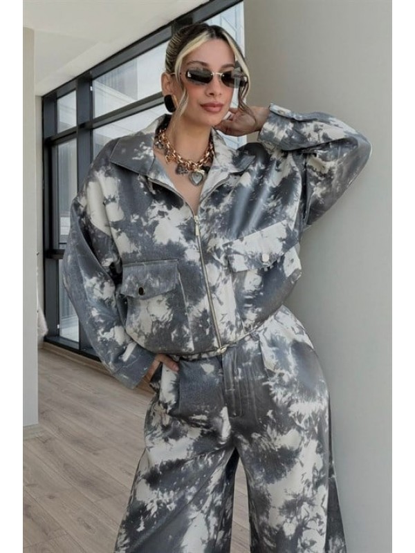 Geniş Paça Pantolonlu Bomber Ceketli Batik Desen Takım 10340