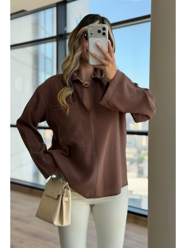 Dikiş Detaylı Gömlek Yaka Modal Bluz 3511