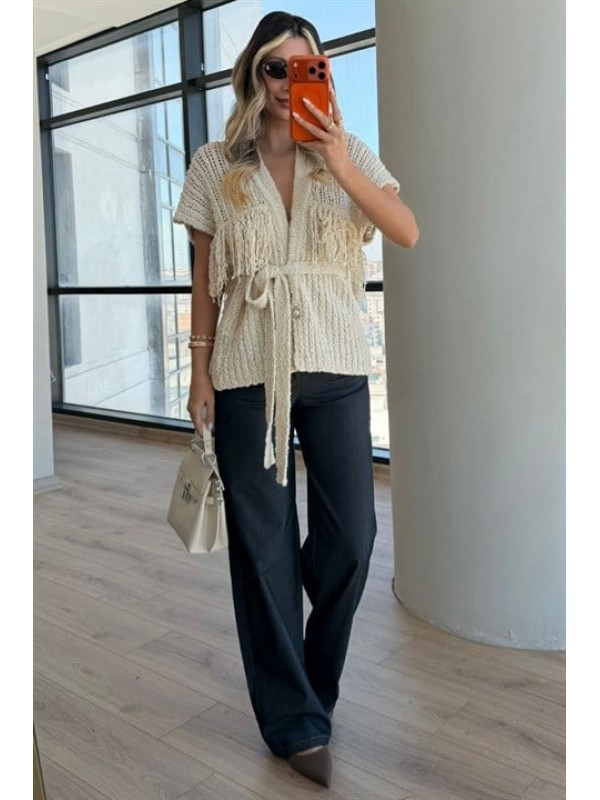 Püskül ve Kuşak Detaylı Gold Düğmeli Merserize Yelek 5207