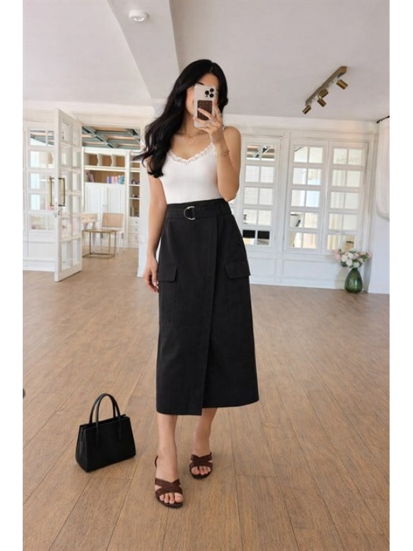 Kendinden Kemerli Önü Yırtmaçlı Gabardin Etek 4092