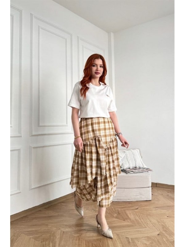 Pile ve Volan Detaylı Beli Lastikli Astarlı Ekose Etek 4090