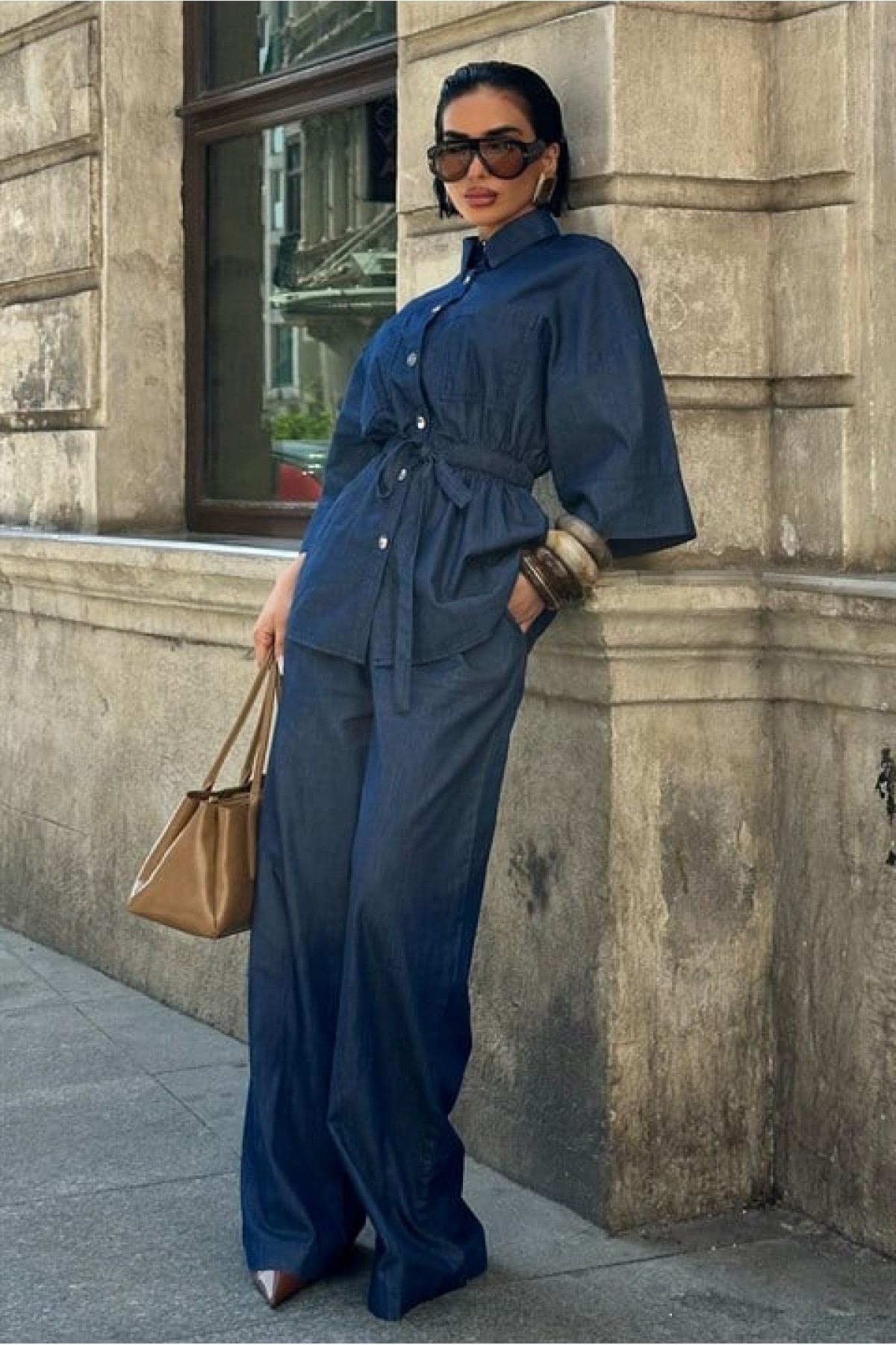 Beli Lastikli ve Kuşaklı Denim Takım 10021