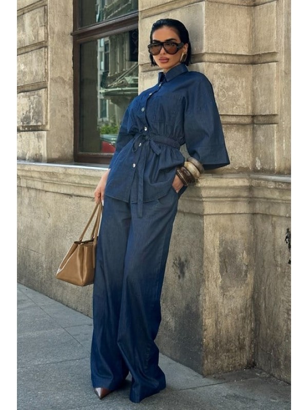 Beli Lastikli ve Kuşaklı Denim Takım 10021