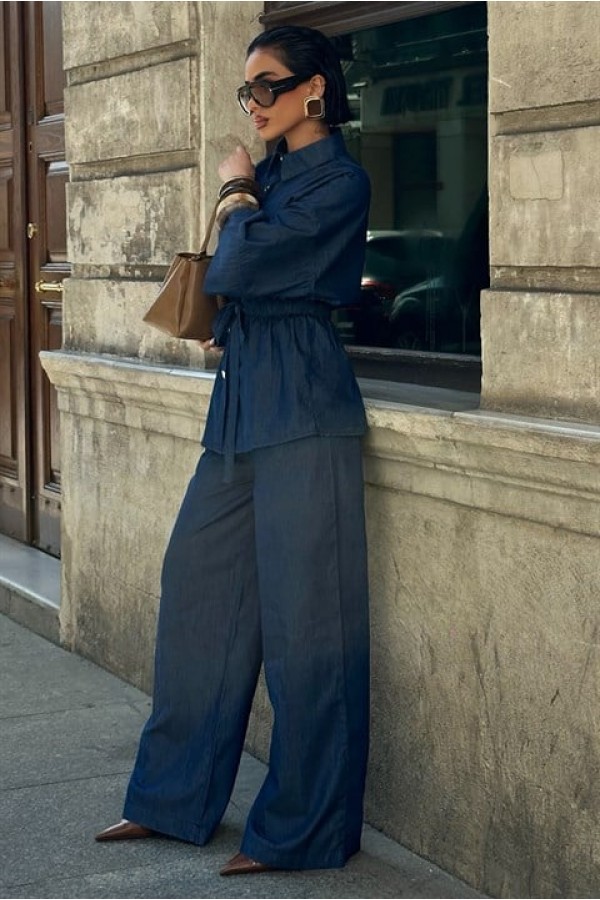 Beli Lastikli ve Kuşaklı Denim Takım 10021