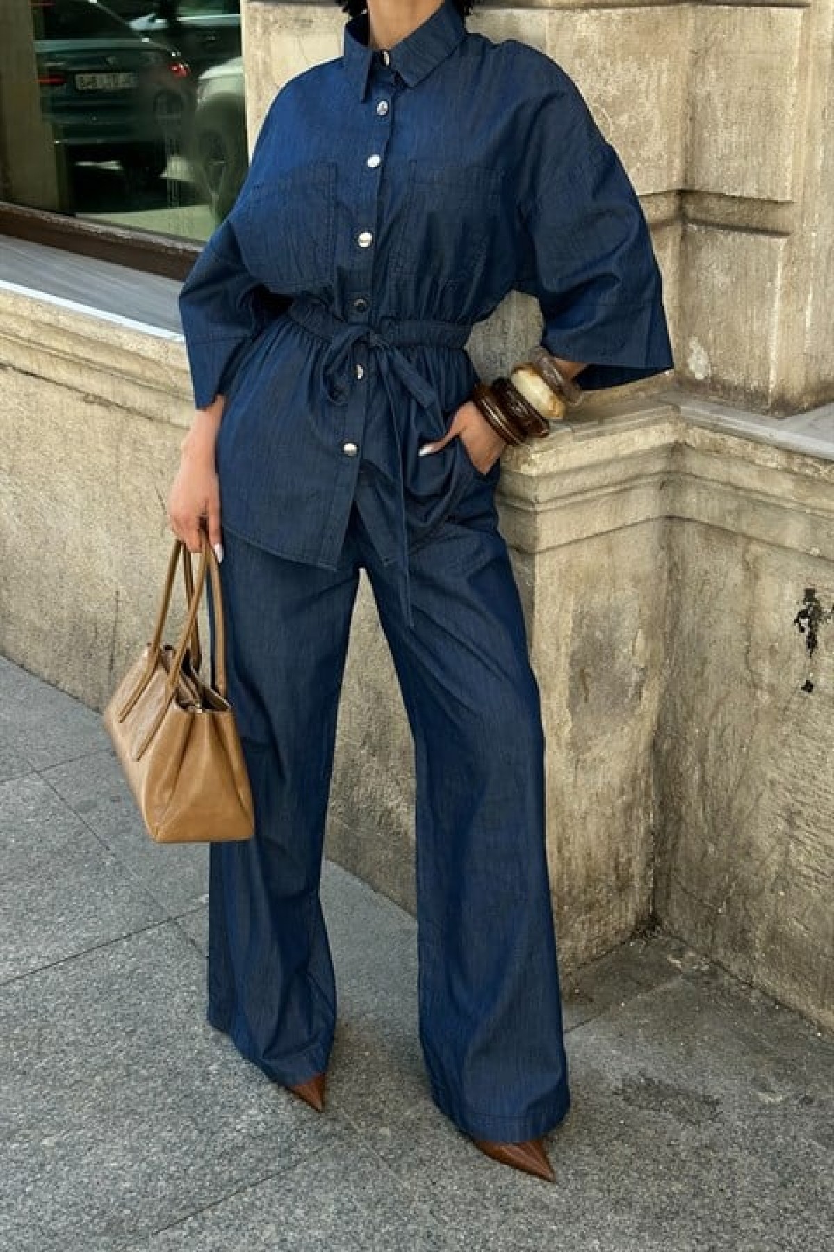 Beli Lastikli ve Kuşaklı Denim Takım 10021