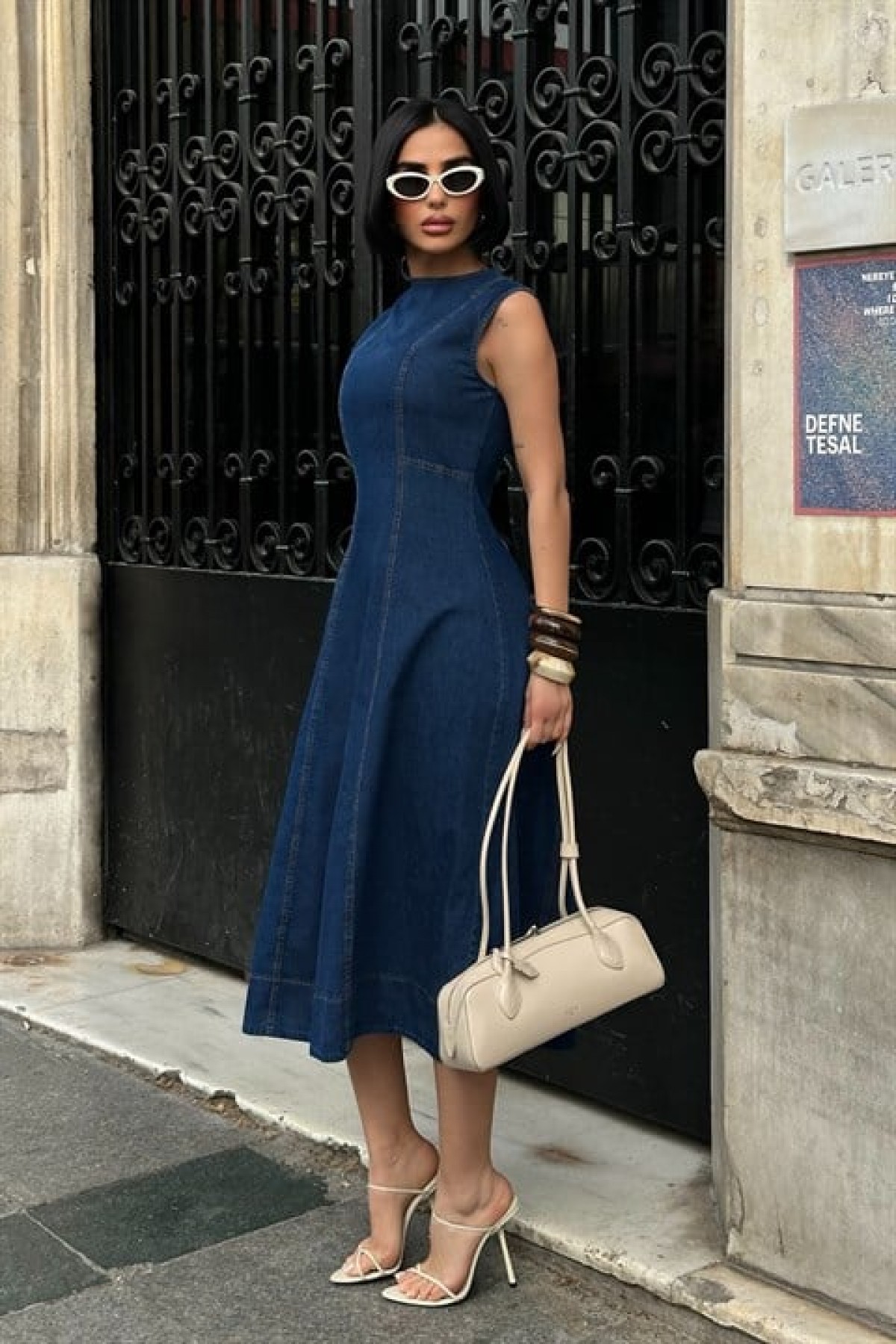 Dikiş Detaylı Sırtı Fermuarlı Denim Elbise 2041