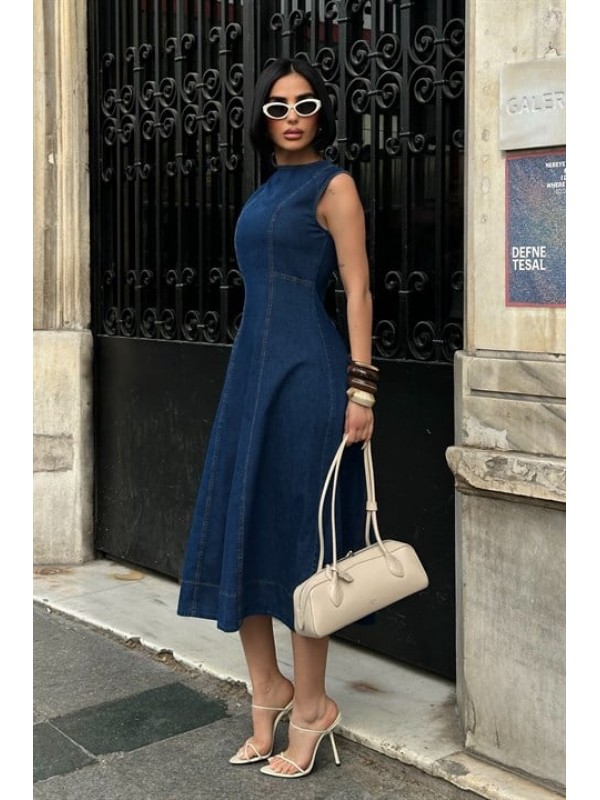 Dikiş Detaylı Sırtı Fermuarlı Denim Elbise 2041