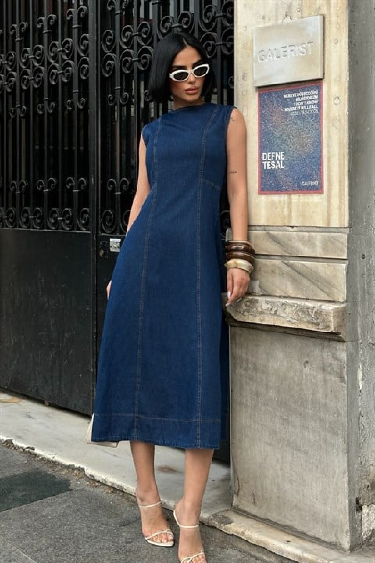 Dikiş Detaylı Sırtı Fermuarlı Denim Elbise 2041