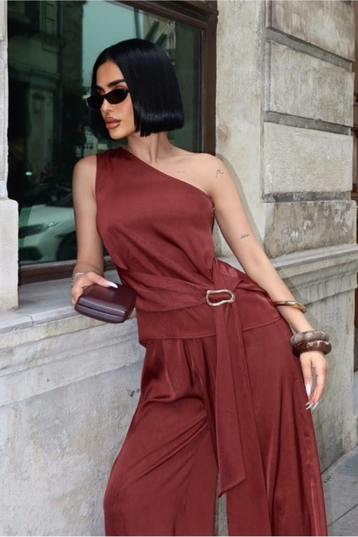 Beli Toka Detaylı Tek Omuzlu Takım  10331