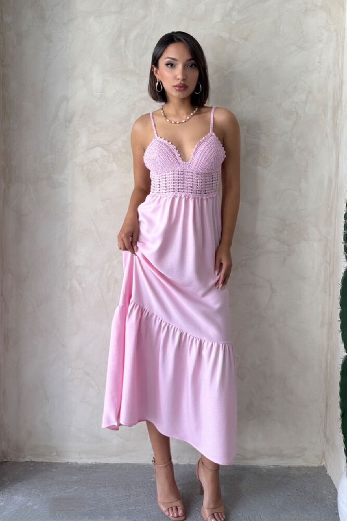 Linen Strap V-Neck Full Length Dress 