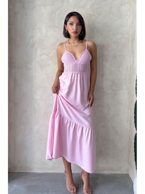 Linen Strap V-Neck Full Length Dress 
