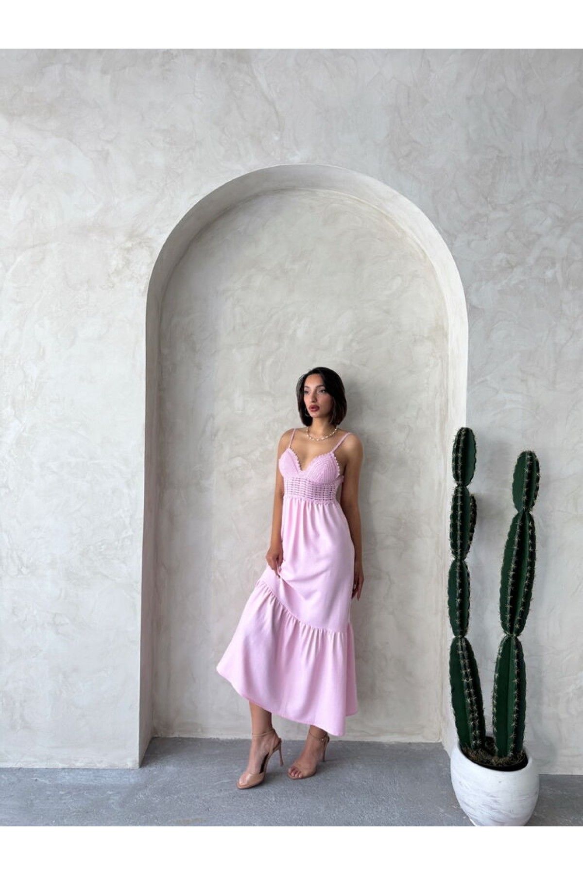 Linen Strap V-Neck Full Length Dress 