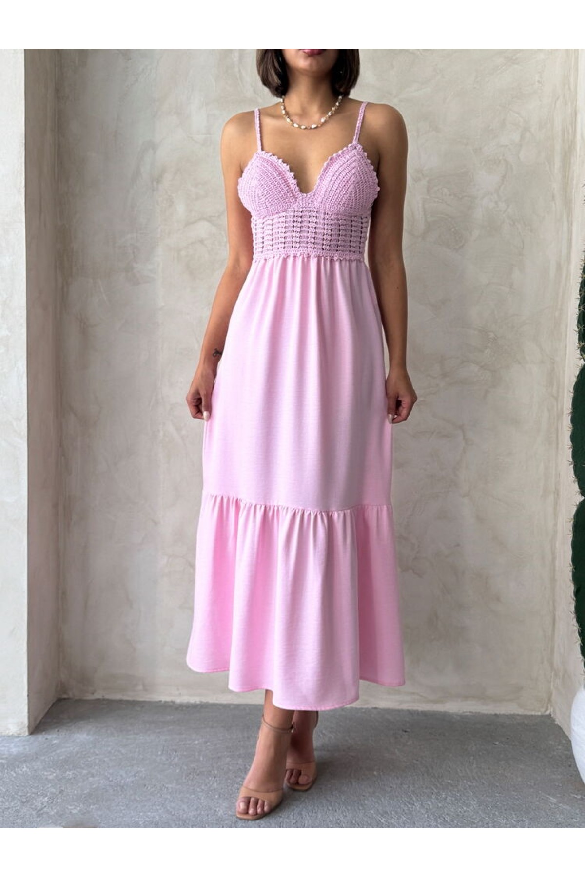 Linen Strap V-Neck Full Length Dress 
