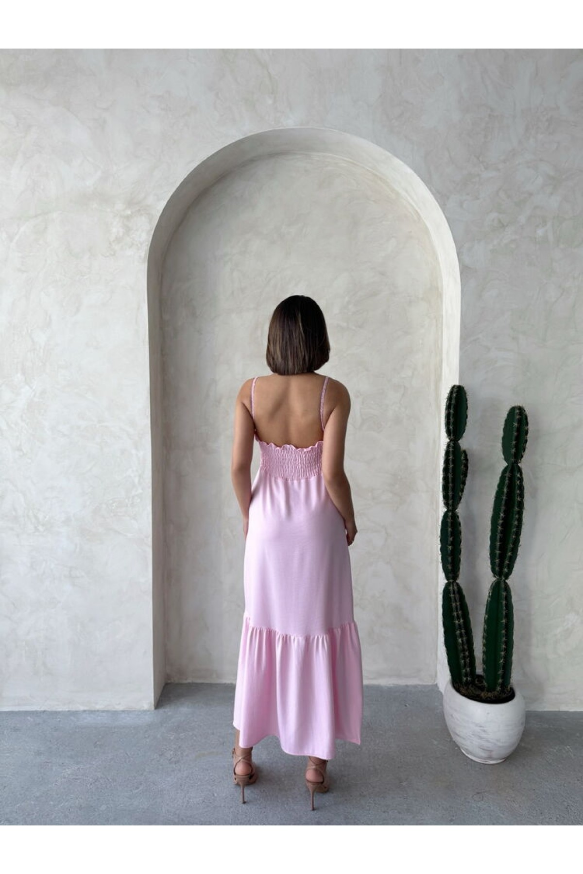 Linen Strap V-Neck Full Length Dress 