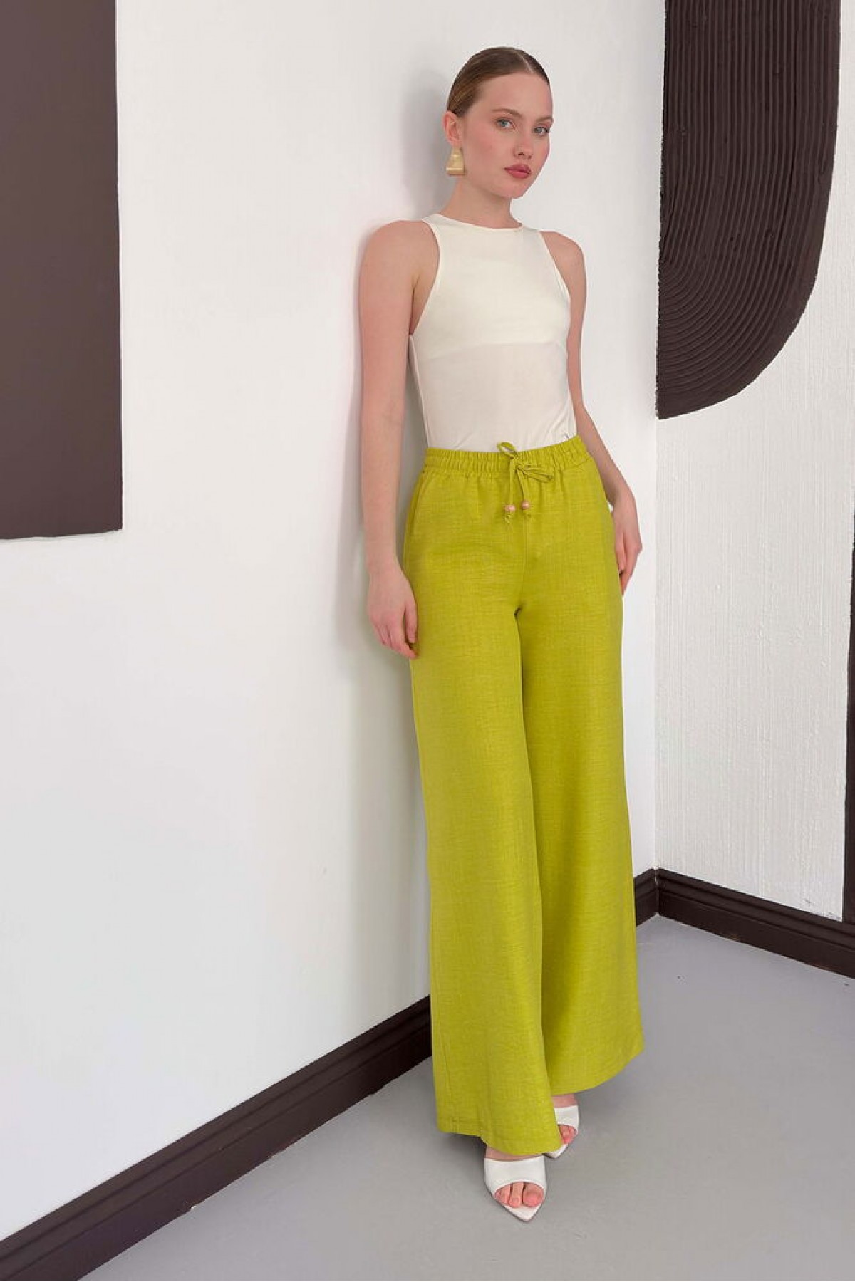 Topshow Fıstık Yeşili Keten Toptan Pantolon