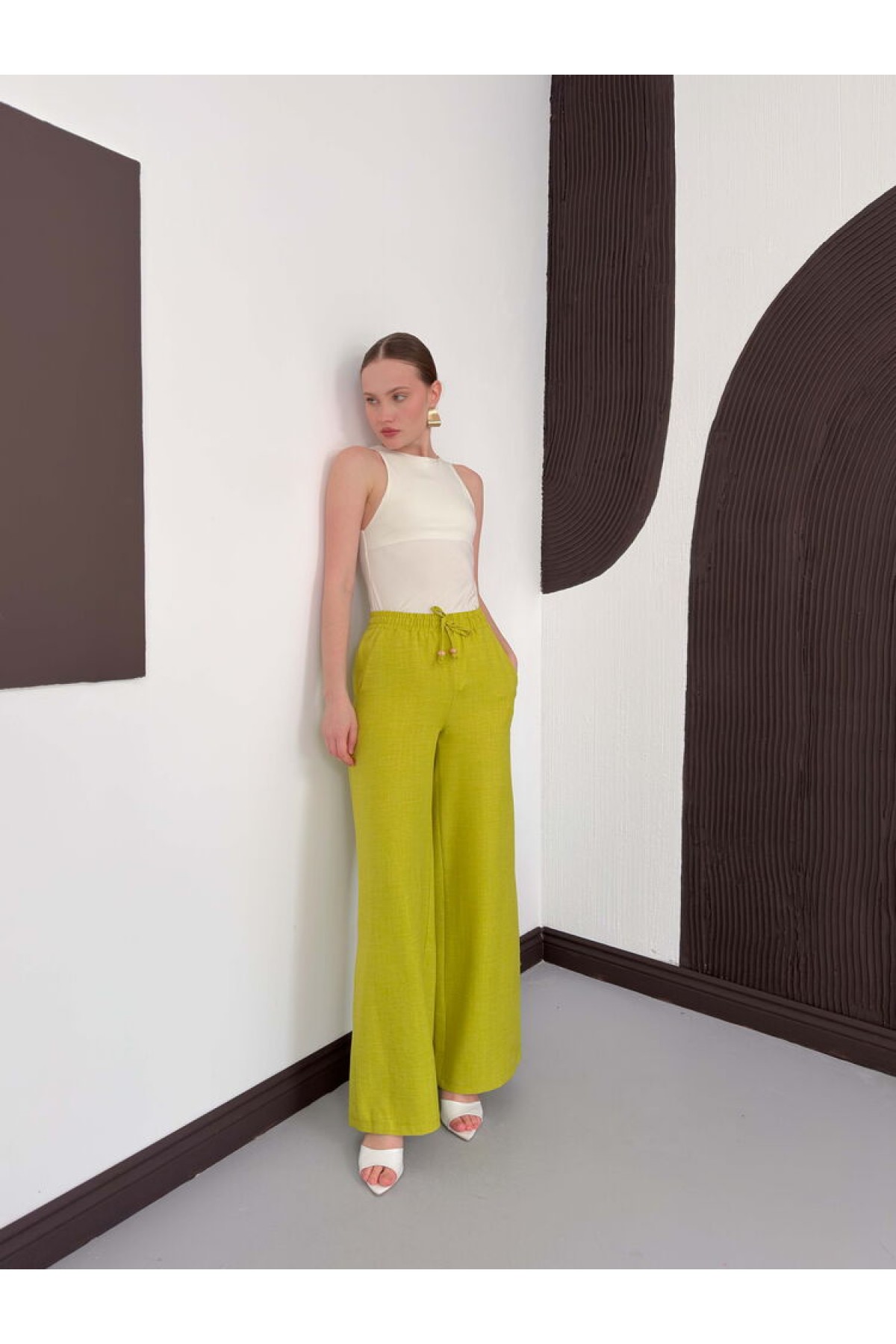 Topshow Fıstık Yeşili Keten Toptan Pantolon