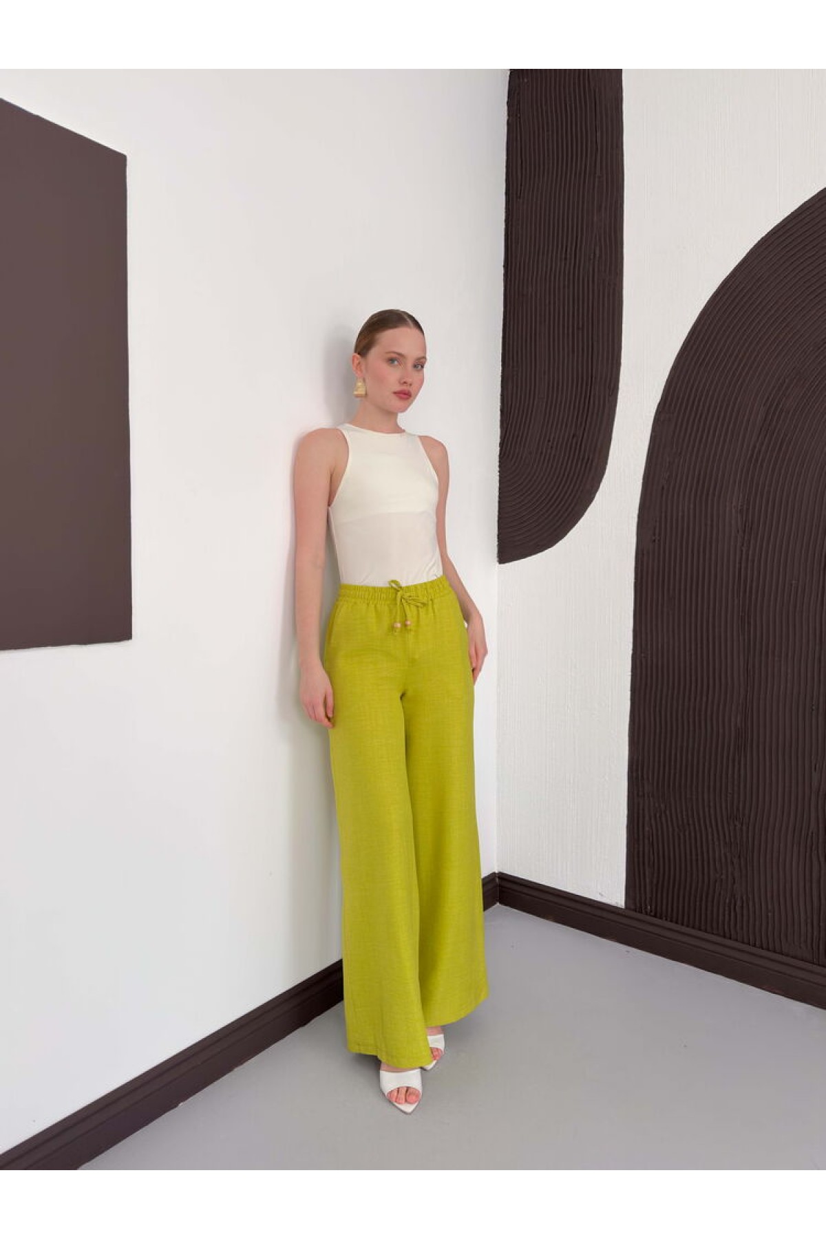 Topshow Fıstık Yeşili Keten Toptan Pantolon