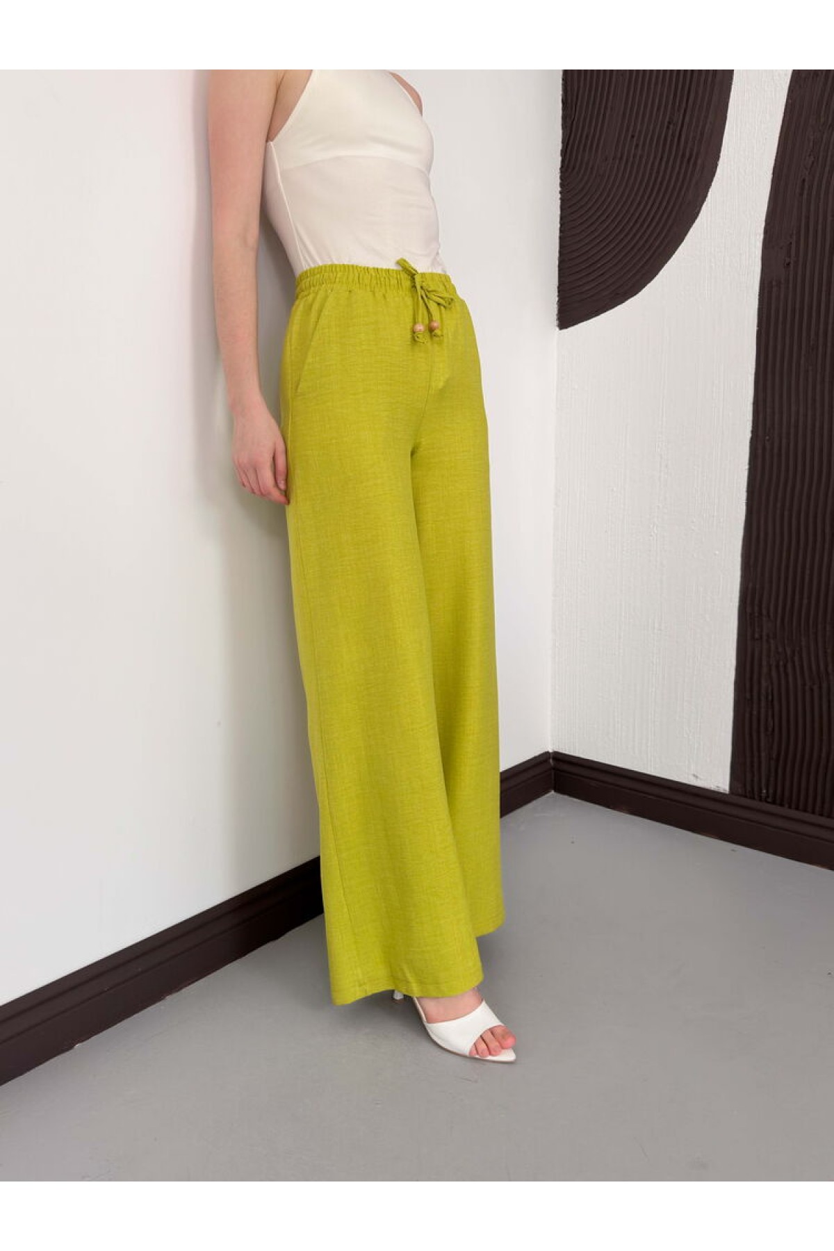 Topshow Fıstık Yeşili Keten Toptan Pantolon