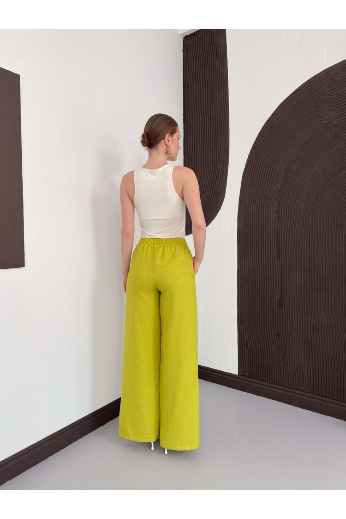 Topshow Fıstık Yeşili Keten Toptan Pantolon