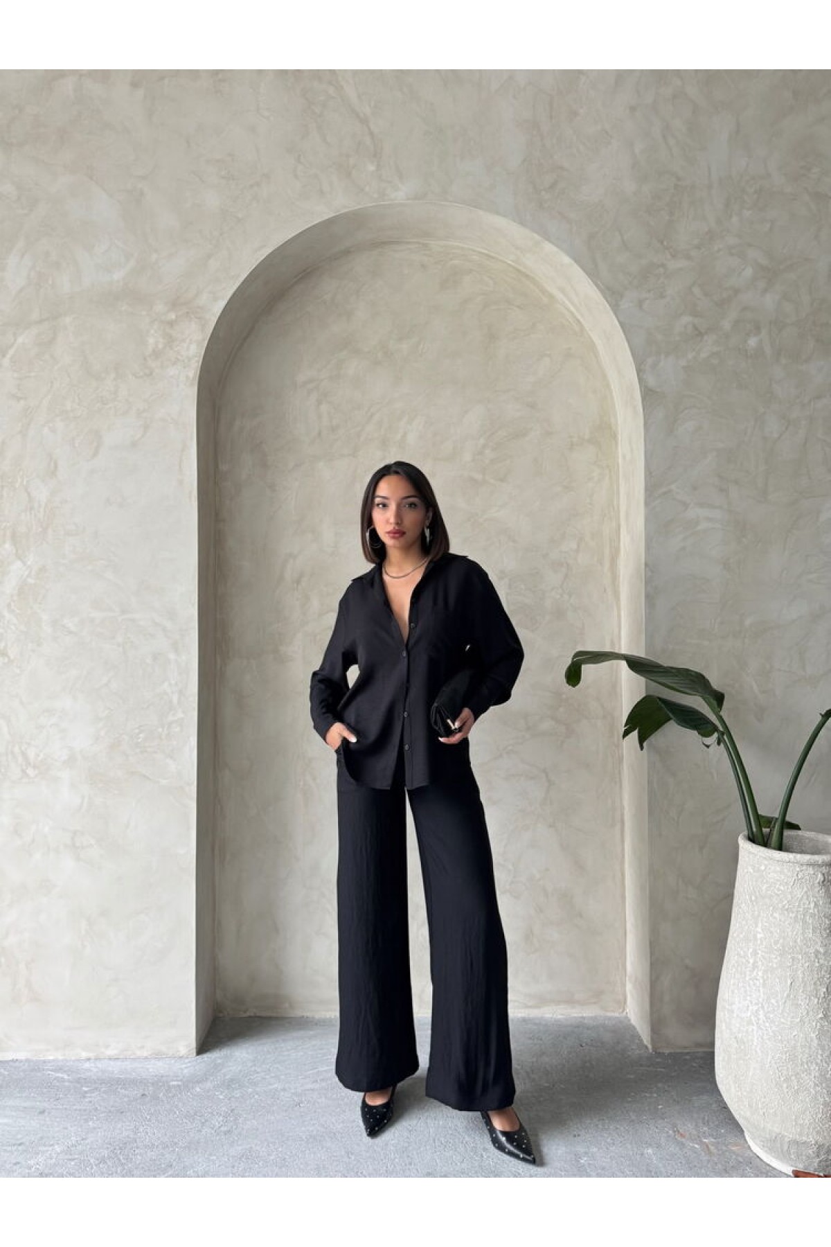 Topshow Siyah Keten Toptan Pantolon