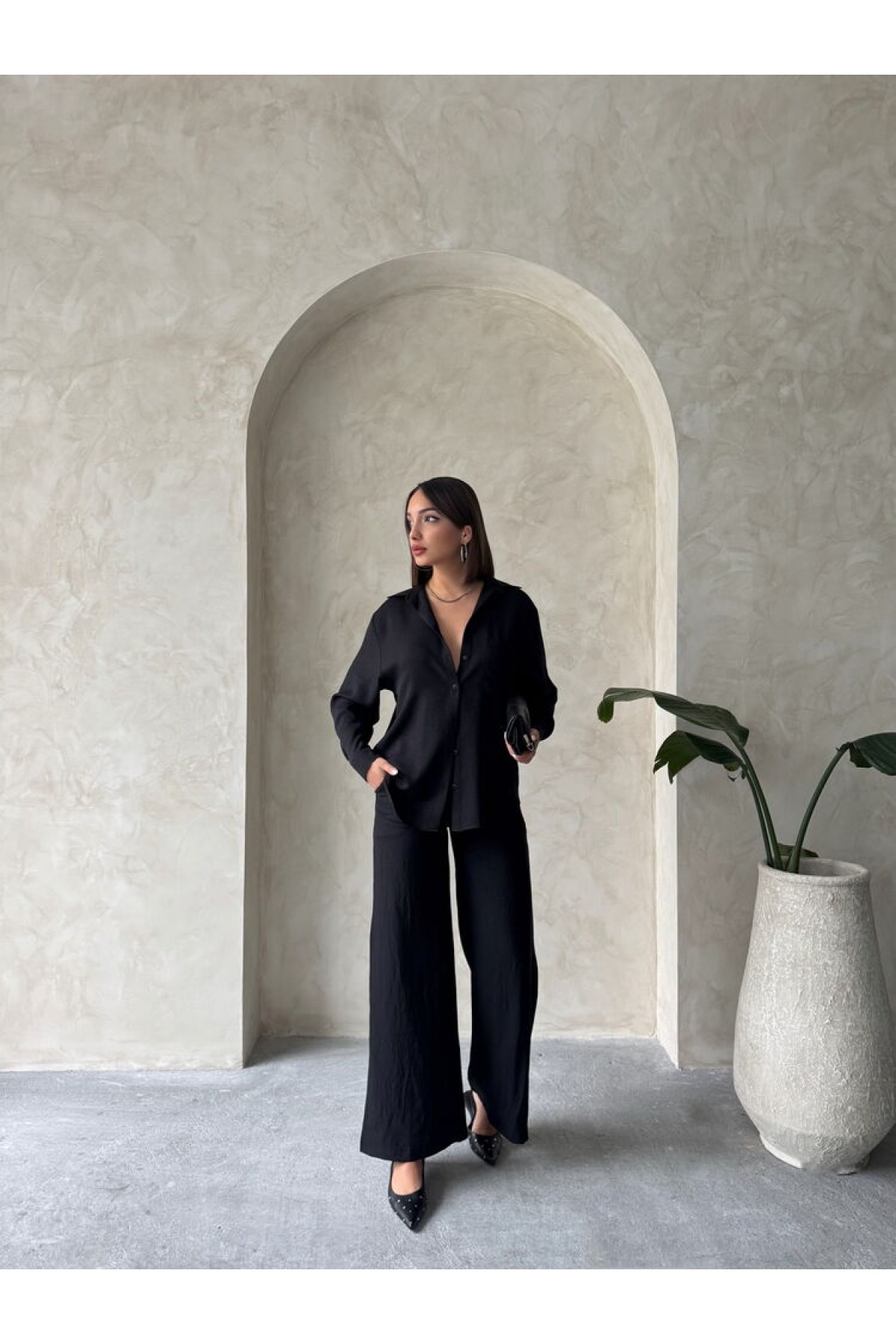 Topshow Siyah Keten Toptan Pantolon