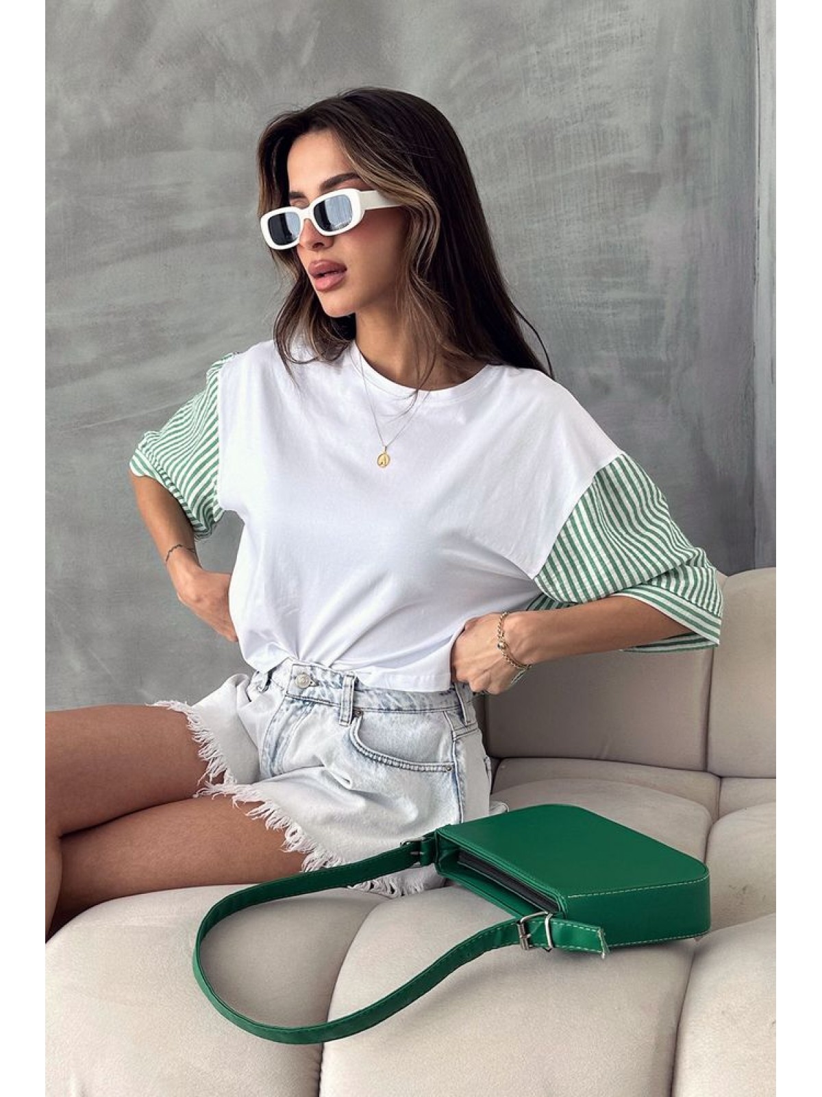 Topshow Zümrüt Çizgili Poplin Kollu Toptan T-Shirt