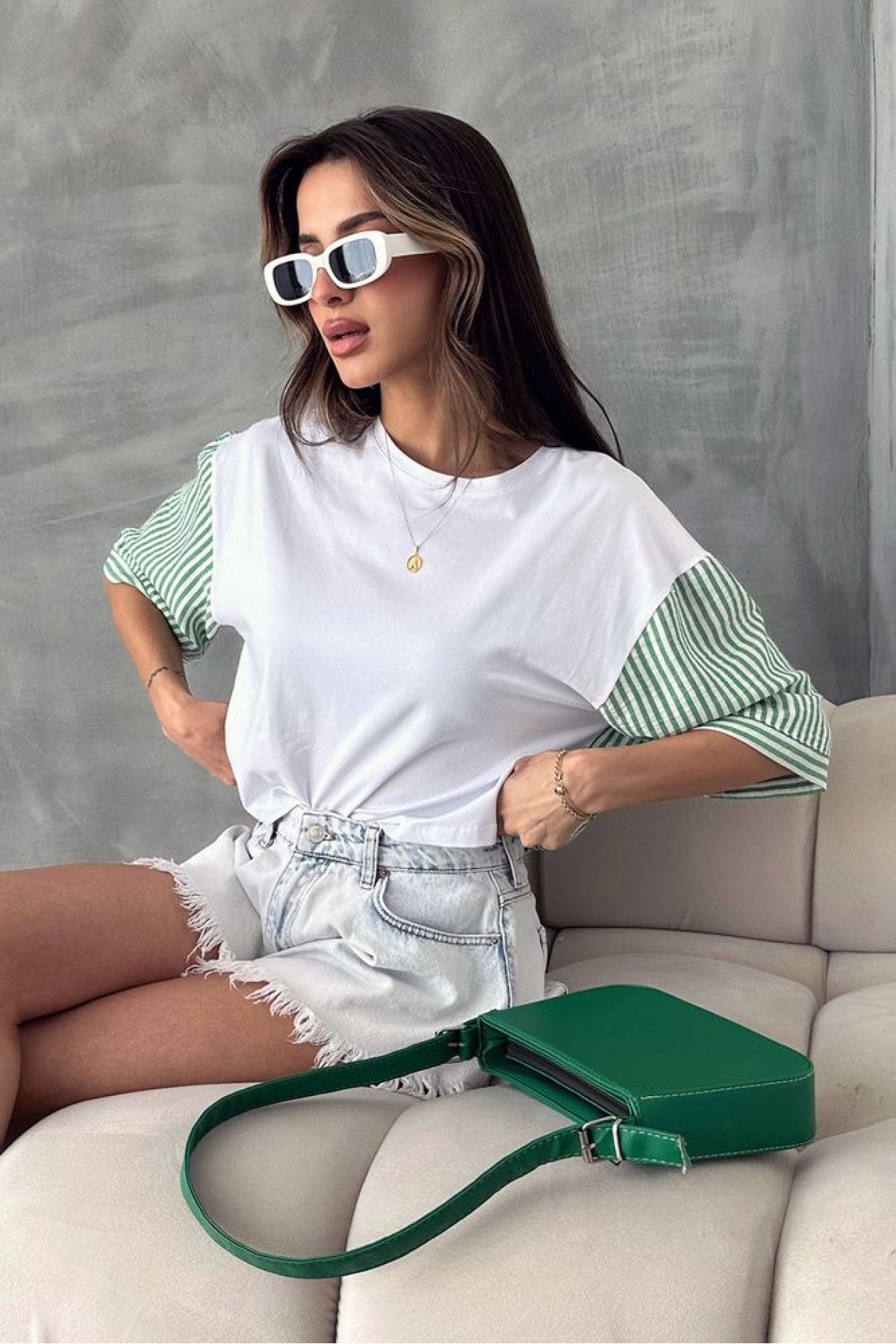 Topshow Zümrüt Çizgili Poplin Kollu Toptan T-Shirt