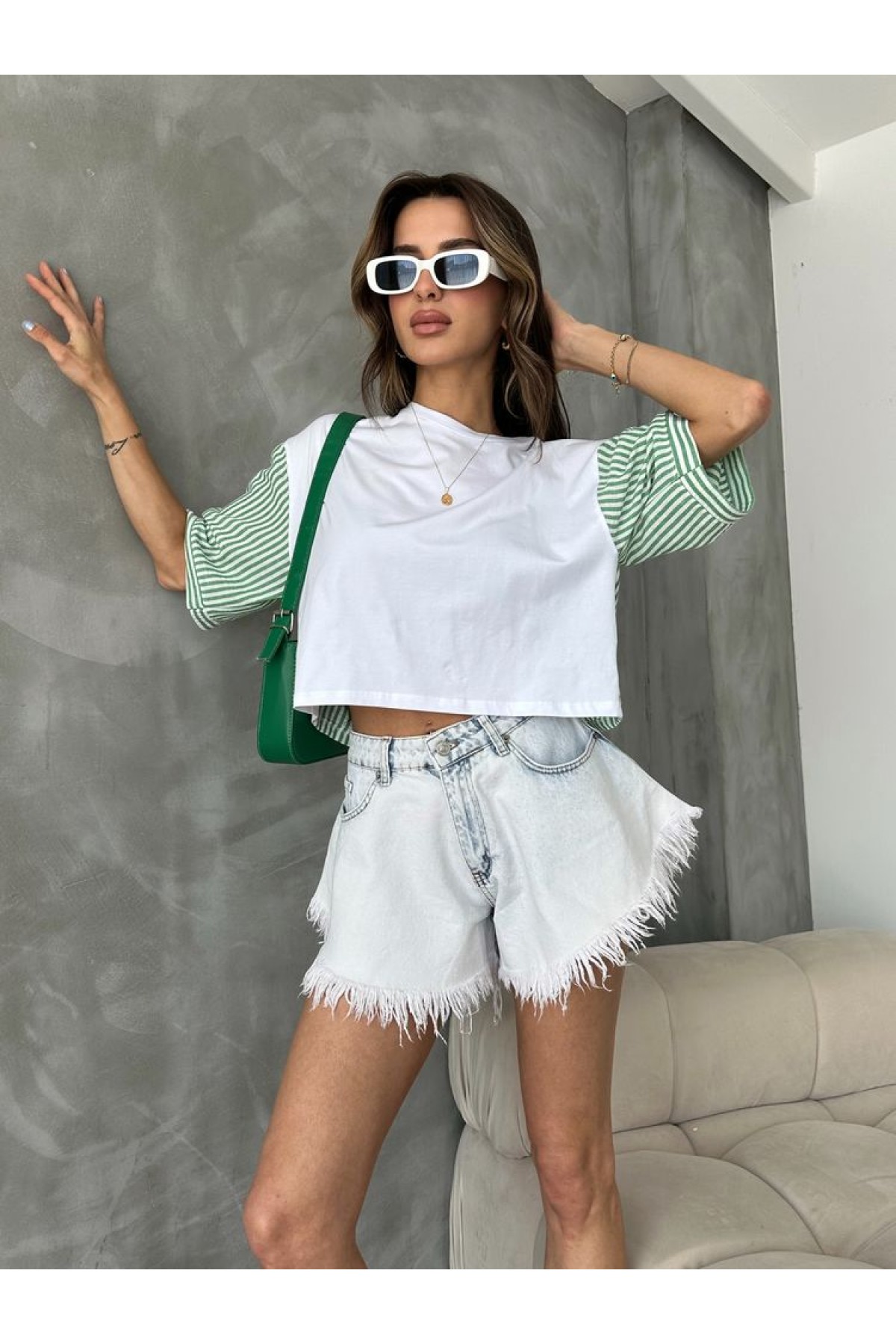 Topshow Zümrüt Çizgili Poplin Kollu Toptan T-Shirt