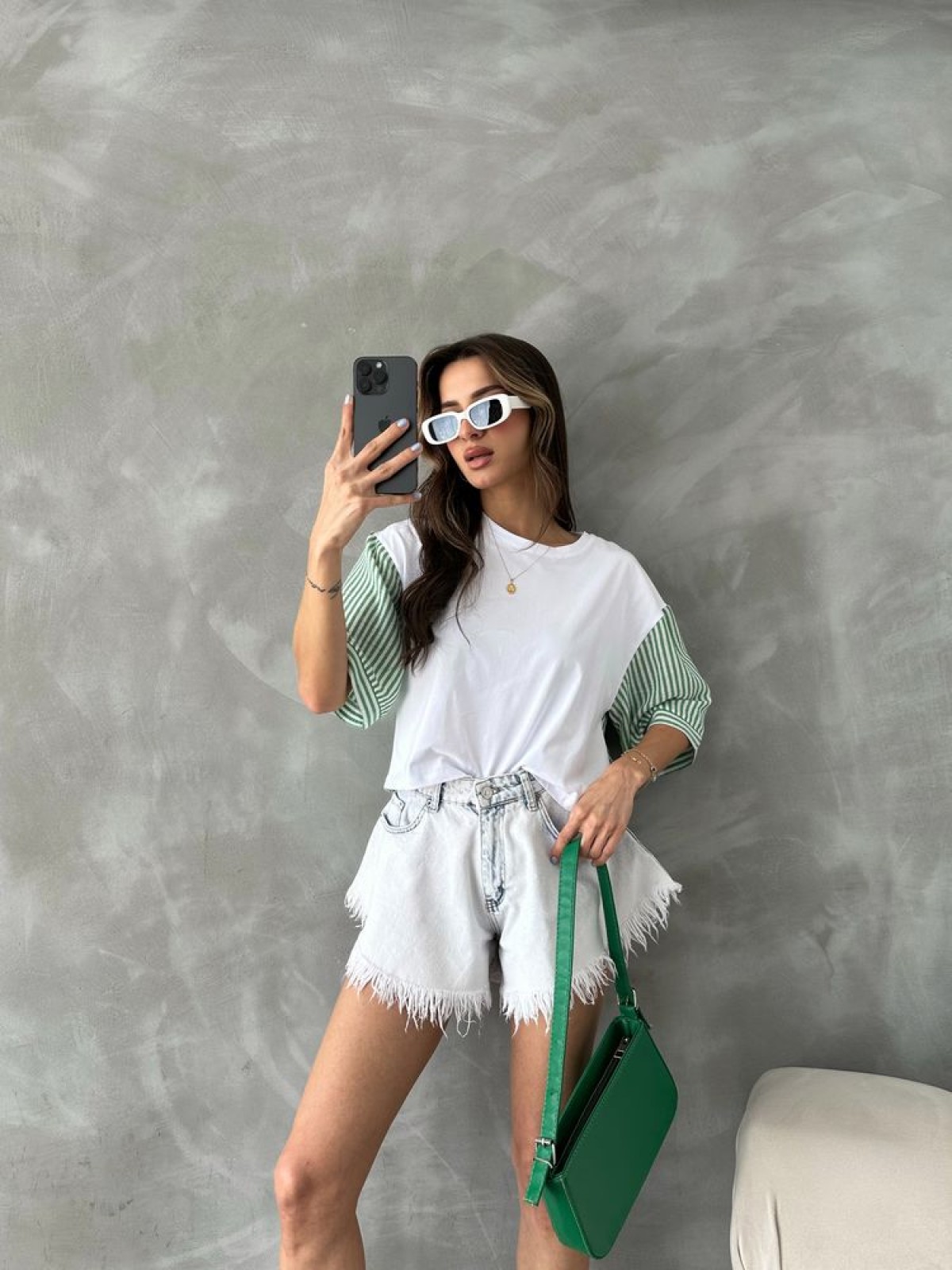 Topshow Zümrüt Çizgili Poplin Kollu Toptan T-Shirt