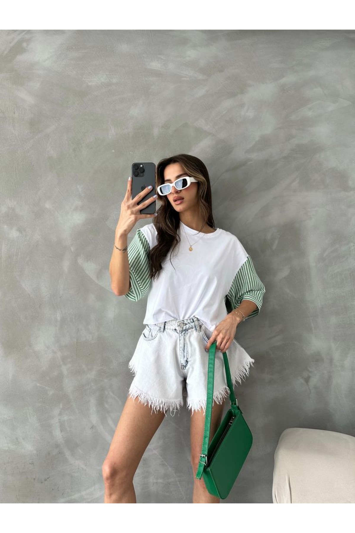 Topshow Zümrüt Çizgili Poplin Kollu Toptan T-Shirt