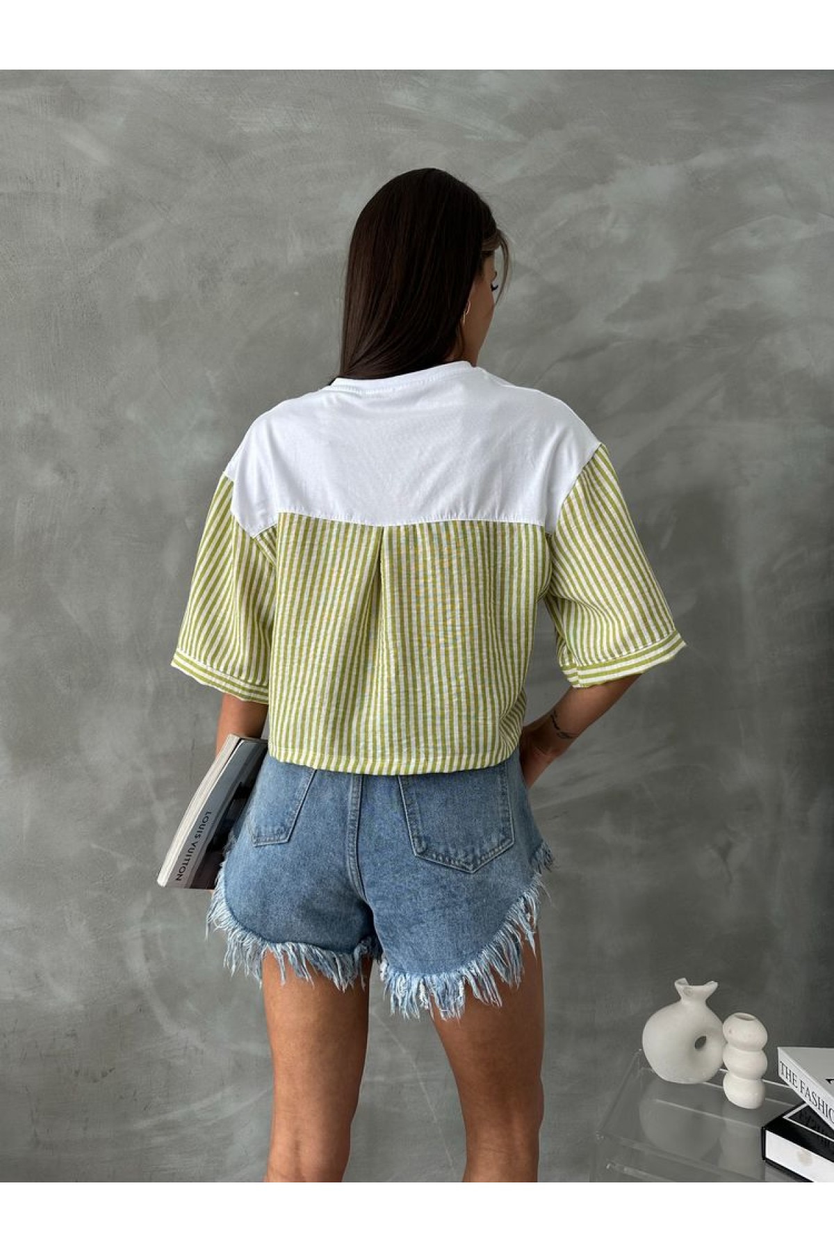 Topshow Pistachio Green Striped Poplin Sleeve Wholesale T-Shirt