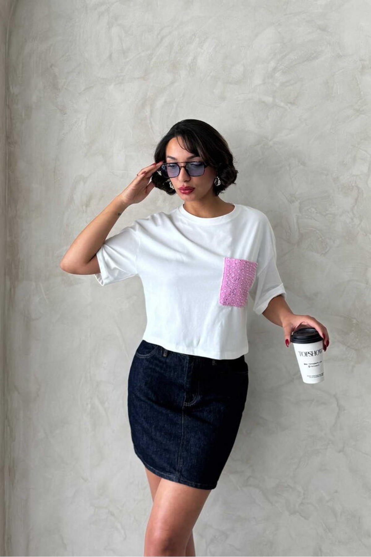 Cep Detaylı Toptan T-Shirt - Pembe | Topshow