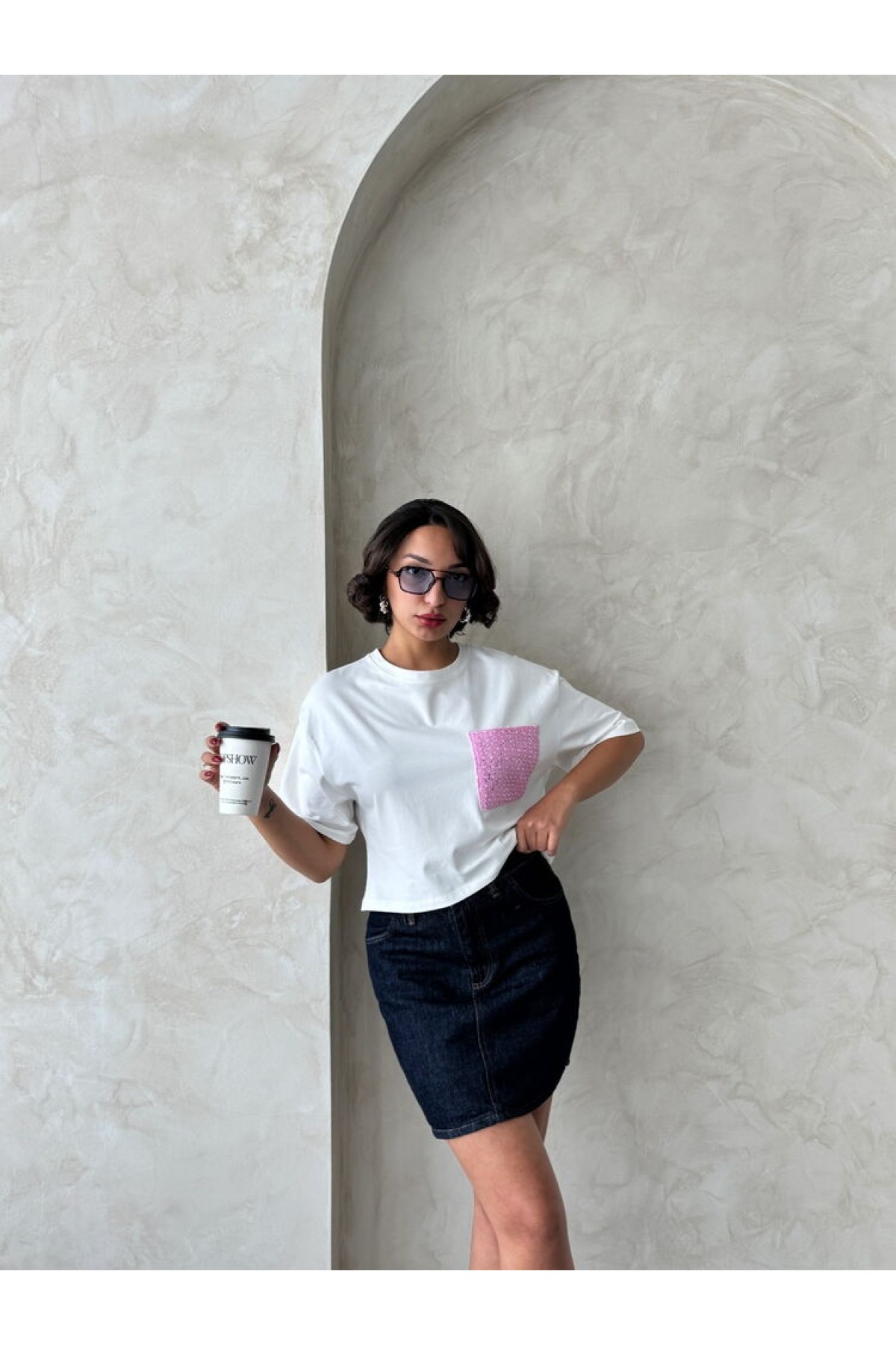 Cep Detaylı Toptan T-Shirt - Pembe | Topshow