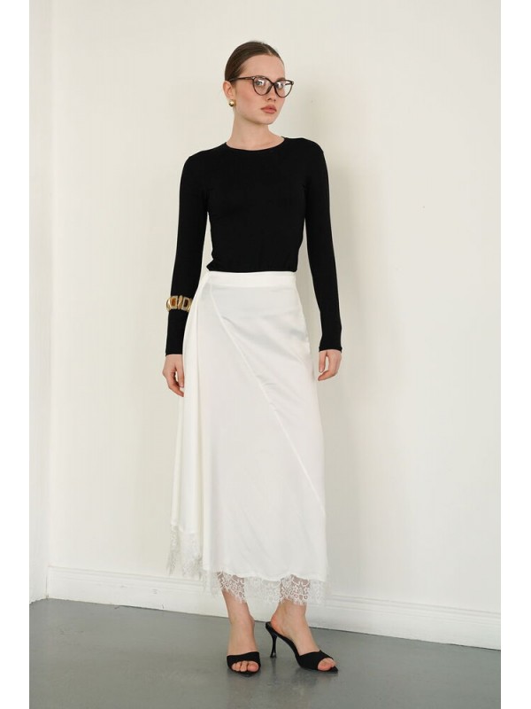Dantel Detaylı Saten Toptan Etek - Krem | D2930 - Topshow