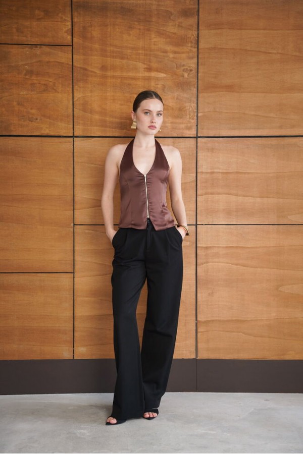 Fermuarlı Saten Yelek - Kahve | D2952 - Topshow