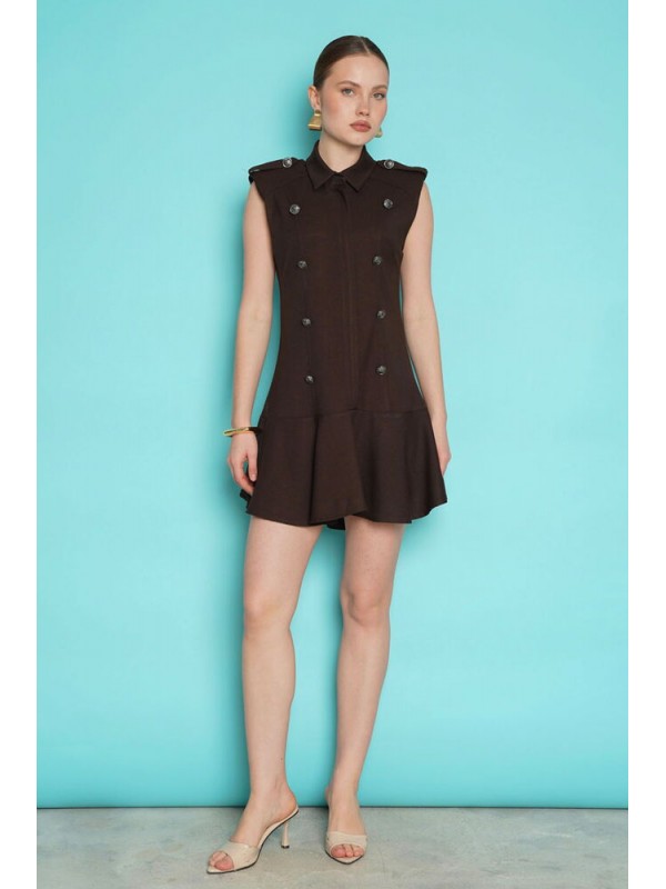 Omuzu Apoletli Sıfır Kol Mini Toptan Elbise - Kahve | D2974 - Topshow