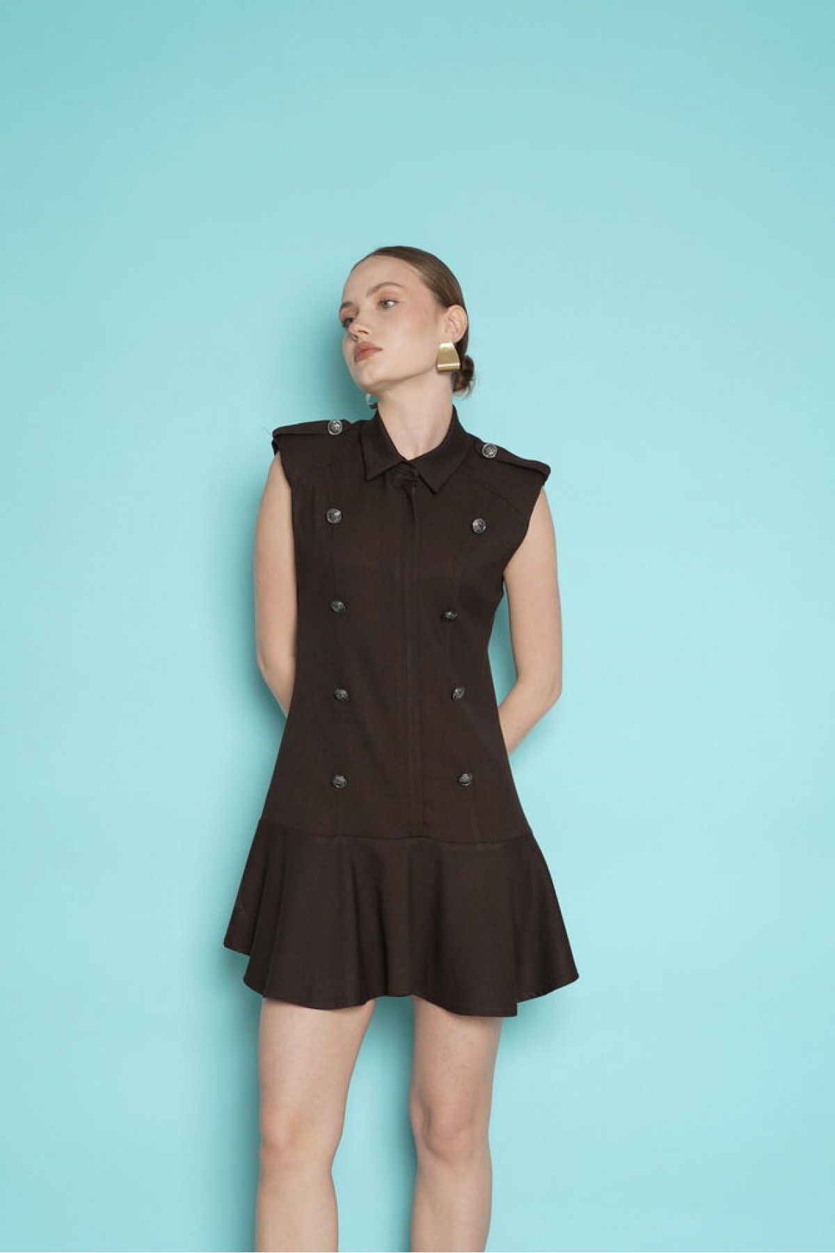 Omuzu Apoletli Sıfır Kol Mini Toptan Elbise - Kahve | D2974 - Topshow