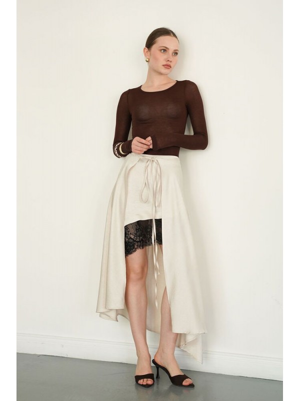Dantel Detaylı Saten Toptan Etek - Taş | D2976 - Topshow