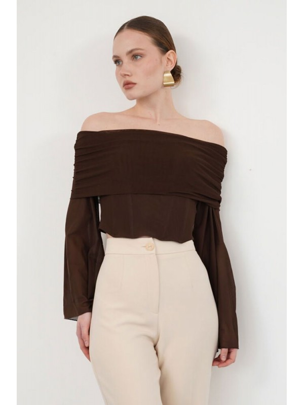 Uzun Kol Tül Toptan Bluz - Kahve | D2977 - Topshow