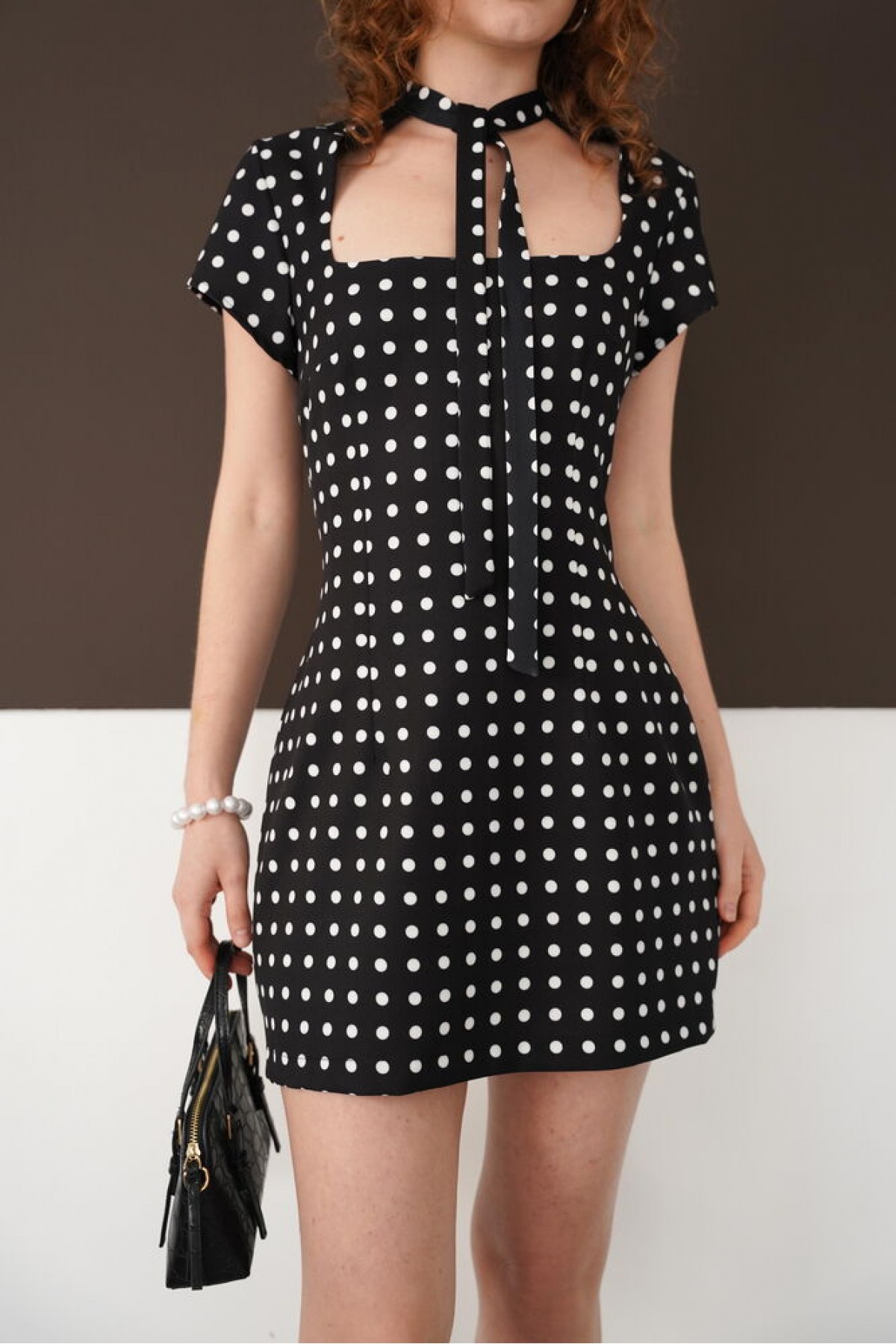 Puantiyeli Saten Toptan Elbise - Siyah | D2978 - Topshow