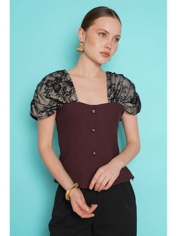 Omuz Dantel Detaylı Kayık Yaka Toptan Bluz - Kahve | D2994 - Topshow